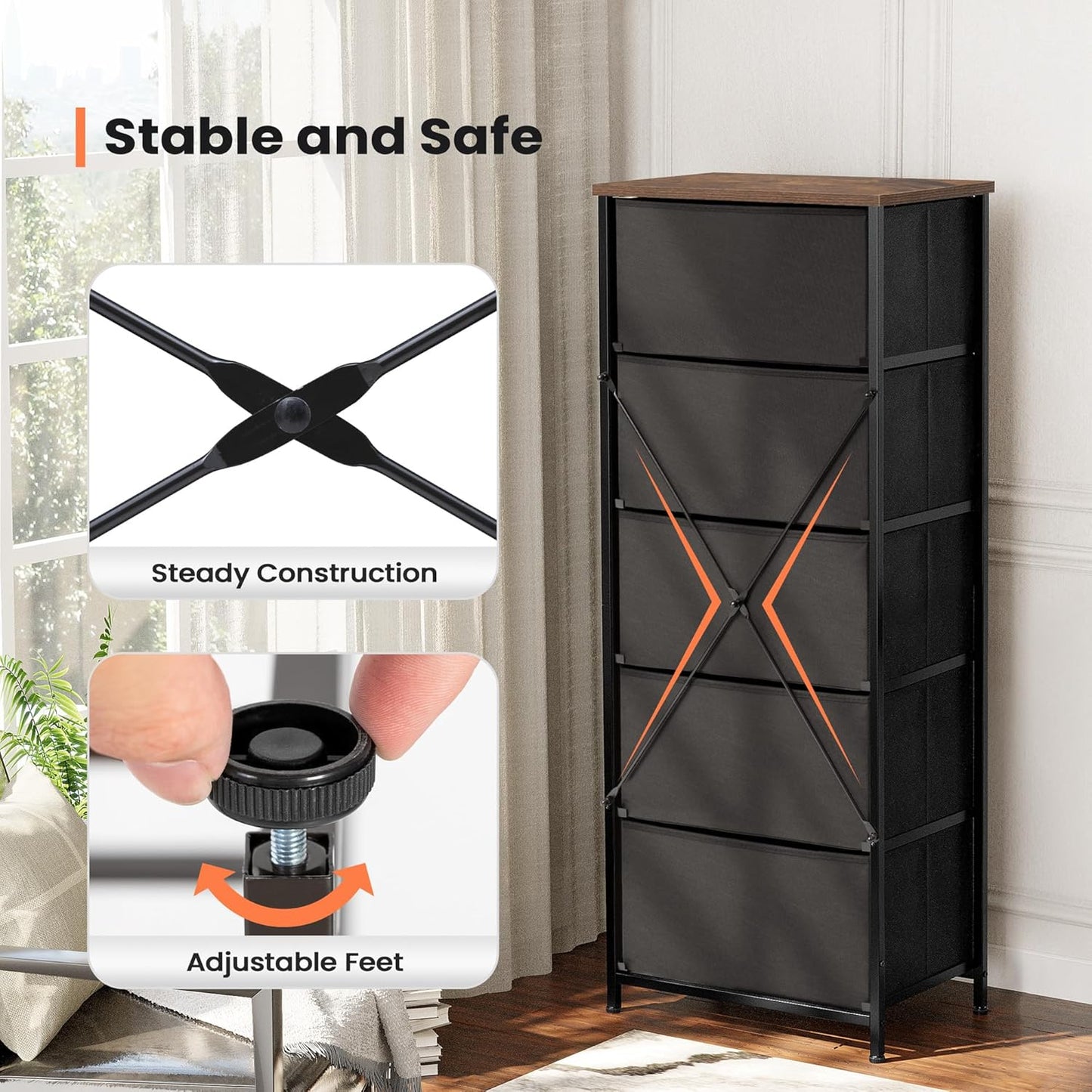 Crestlive Products Vertical Dresser Storage Tower - Sturdy Steel Frame, Wood Top, Easy Pull Fabric Bins - Organizer Unit for Bedroom, Hallway, Entryway, Closets - 5 Drawers(Rustic Brown)