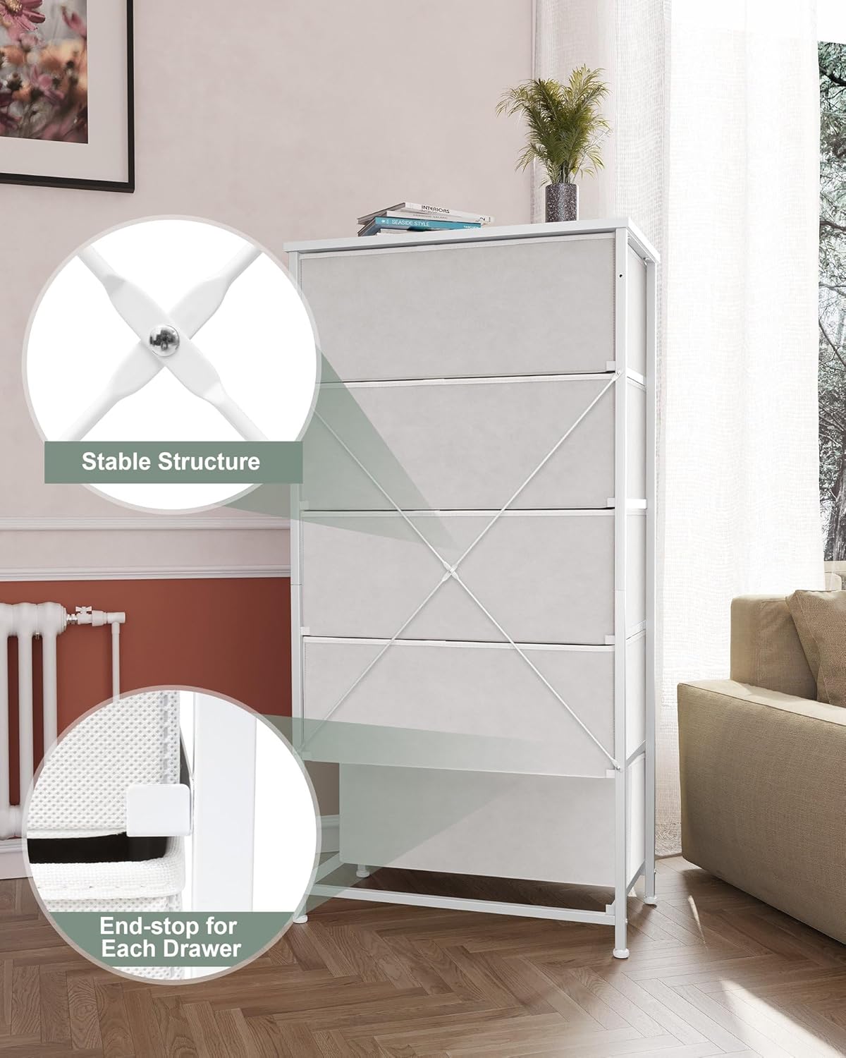Crestlive Products Tall Dresser for Bedroom Vertical Storage Tower - Wide Fabric Dresser & Chests of Drawers for Closet, Hallway, Entryway w/Wood Top, Easy Pull Fabric Bins - 5 Drawers(White)