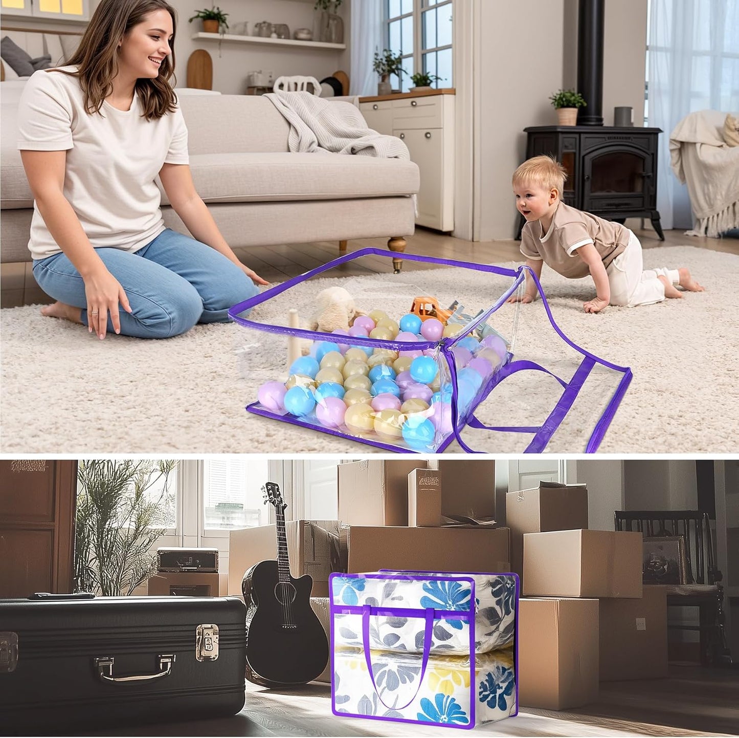 Budding Joy 6 Pack Clear Zippered Storage Bags for Clothes,40L Closet Organizers and Storage Containers Vinyl Moving Bag for Bedding, Linen, Blankets, Comforters, Clothing & Toys