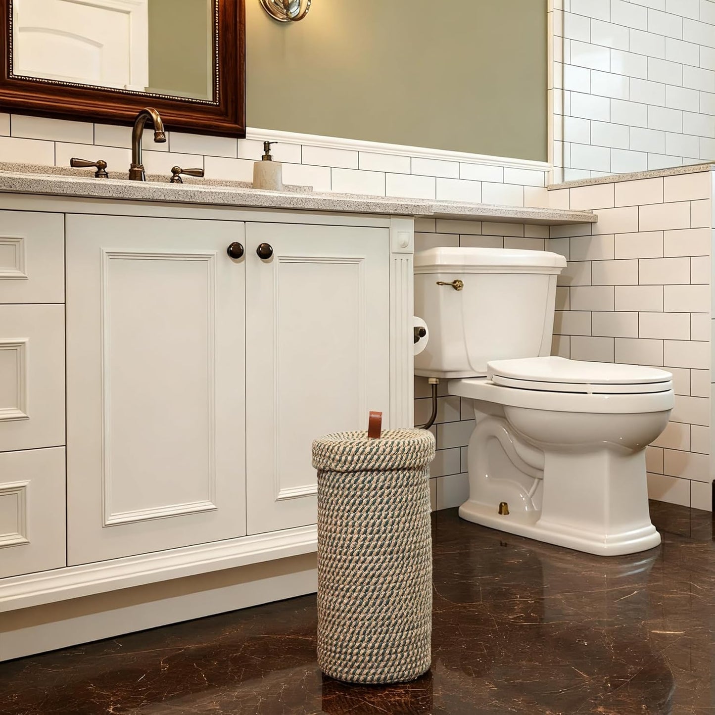 Handmade Cotton & Jute Toilet Paper Holder – Woven Toilet Paper Stand & Storage Basket with Lid, Freestanding Organizer for Bathroom, Fits 3 Rolls Green