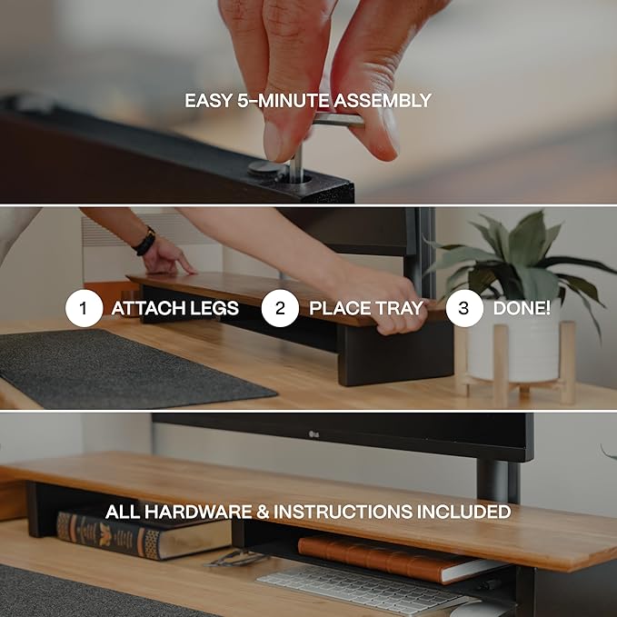 Solid Wood Dual Monitor Stand Riser – 43" Walnut Desk Shelf for 2 Monitors with Tray & Wool Felt, Organizer for Desktop, Laptop and Office (Solid Walnut)