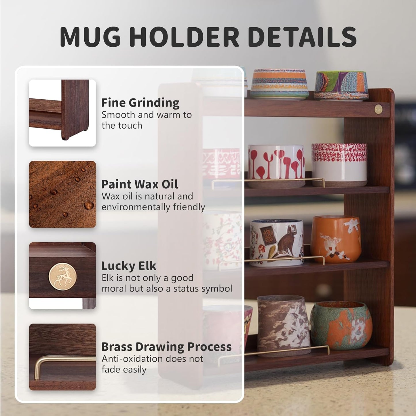 Coffee Mug Holder Wooden Cup Rack Mug Display Shelf Coffee Cup Holder for Countertop 4 Tier Wood Coffee Mugs Holder for Kitchen Coffee Cup Storage