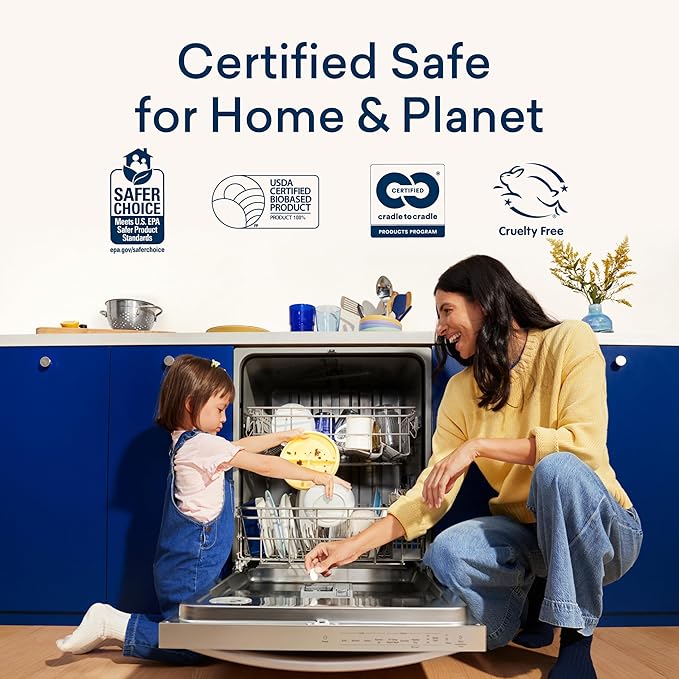 BLUELAND 100% Plastic-Free Dishwasher Detergent Tablets, 60 Count, Free & Clear, Eco-Friendly Dishwashing Pods, Natural, USDA Certified biobased