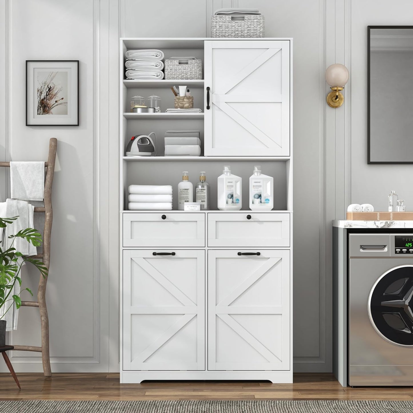 78" Tall Tilt-Out Double Doors Laundry Cabinet Hamper w Hidden Laundry Hamper,Large Pull Out Laundry Room Storage Cabinets,Kitchen Double Tilt Out Trash Cabinet,13X2 Gallon Bathroom Organizers(White)