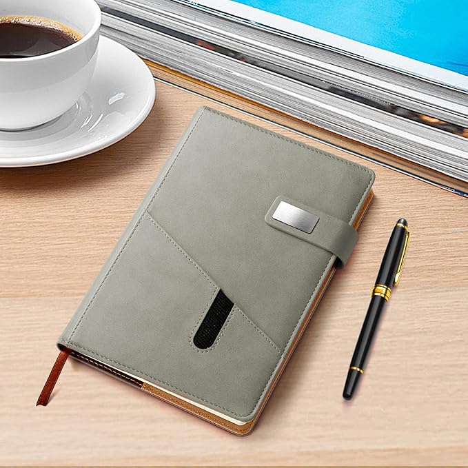 A5 Lined Leather Notebook and Pen Set with Gift Box, 240 Pages Refillable Journal with Pocket and Magnetic Buckle, Hardcover Daily Diary for Men and Women Business Travel Personal Writing- Gray