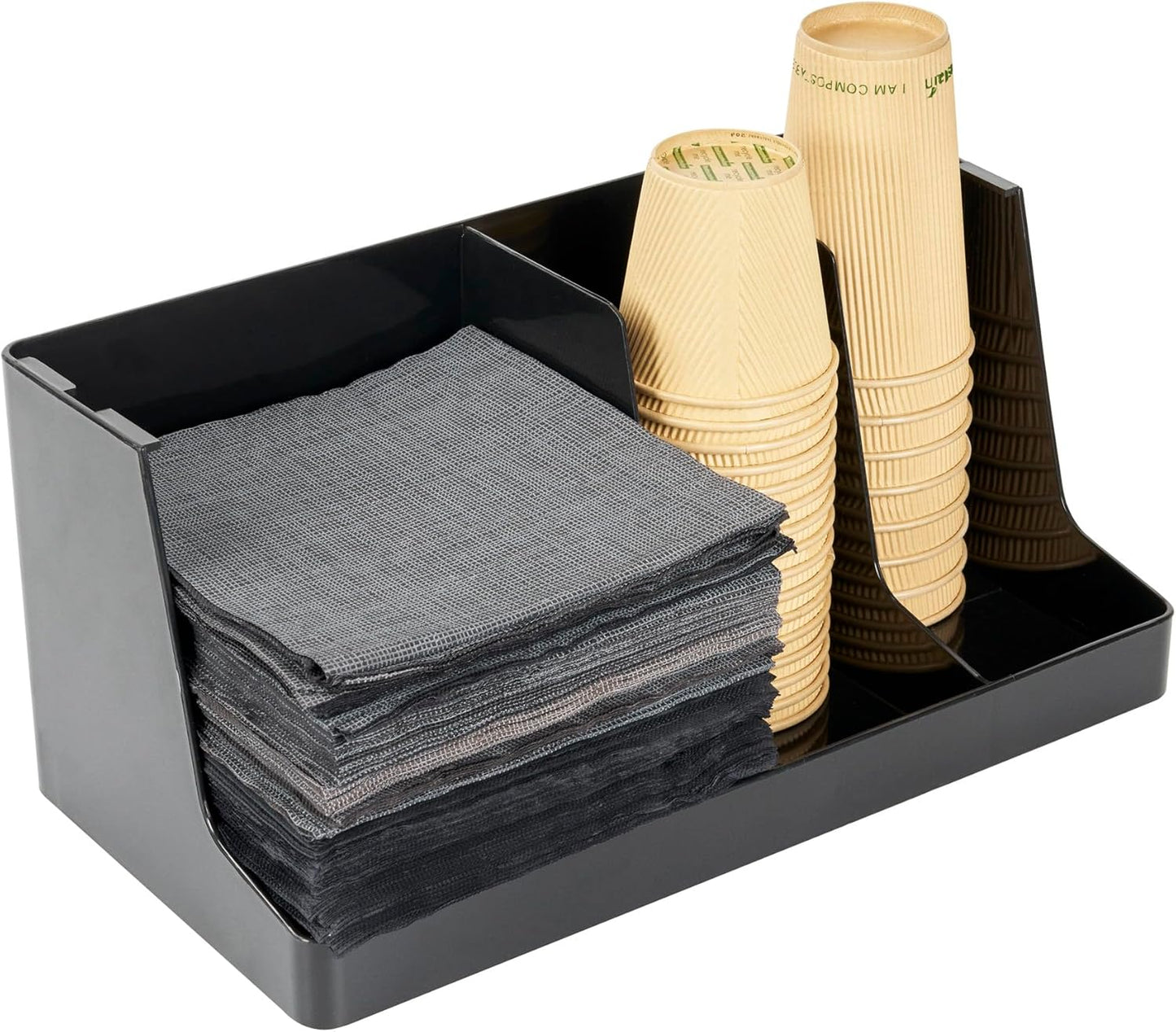 Restaurantware Restpresso Coffee Bar Organizer, 1 Count Durable 3 Compartments, Compact Size, Black Plastic Tabletop Coffee Supplies Organizer For Homes, Office Spaces, Breakrooms, and Lounges