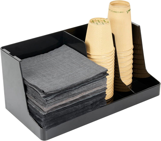 Restaurantware Restpresso Coffee Bar Organizer, 1 Count Durable 3 Compartments, Compact Size, Black Plastic Tabletop Coffee Supplies Organizer For Homes, Office Spaces, Breakrooms, and Lounges