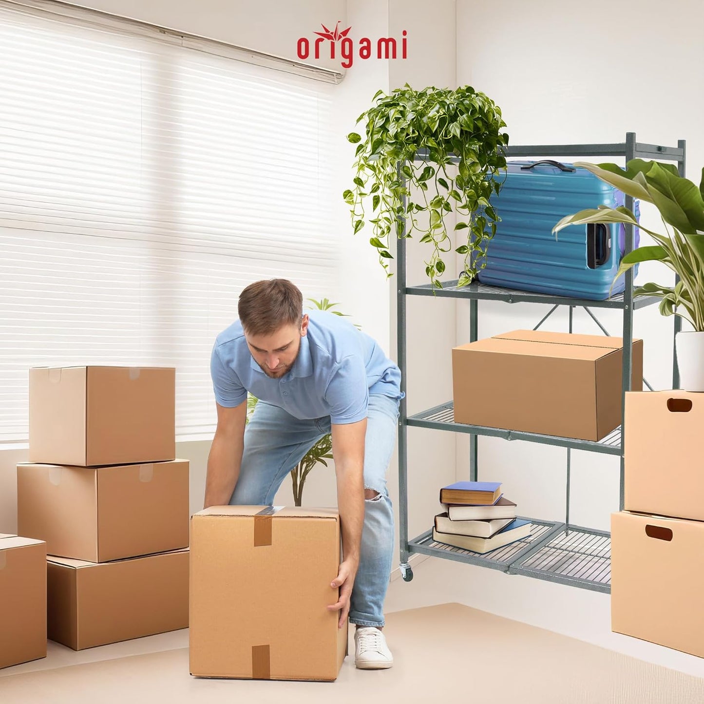 Origami 3-Pack R5 Storage Rack, 4-Tier Heavy-Duty Foldable Steel Shelf with Wheels, Gray