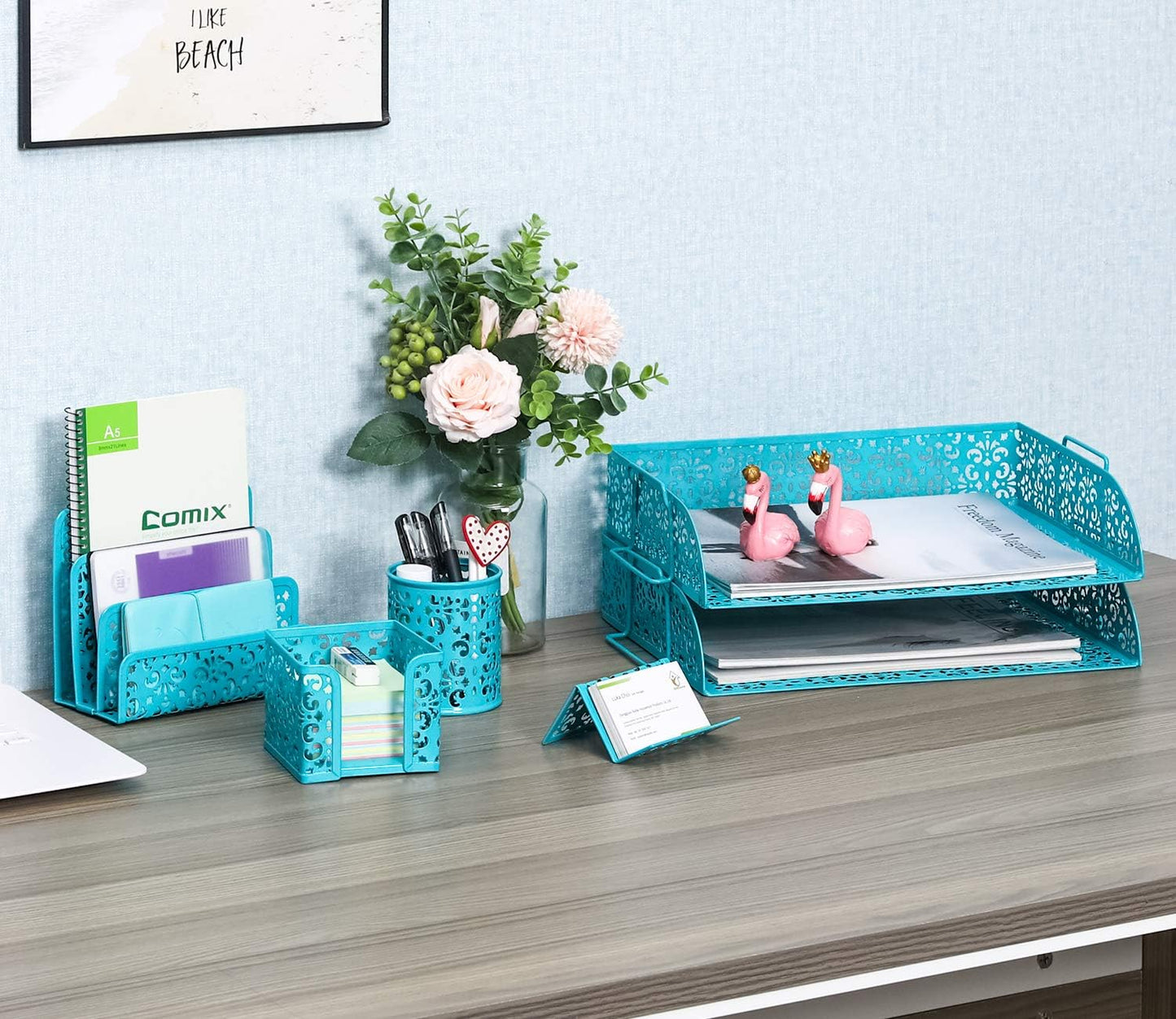 EasyPAG Desk Organizers and Accessories 5 Pieces Office Supplies Set - 2 Tier Paper Tray, Pencil Organizer for Desk, Mail Sorter Countertop, Business Card Holder and Sticky Note Holder, Dark Teal