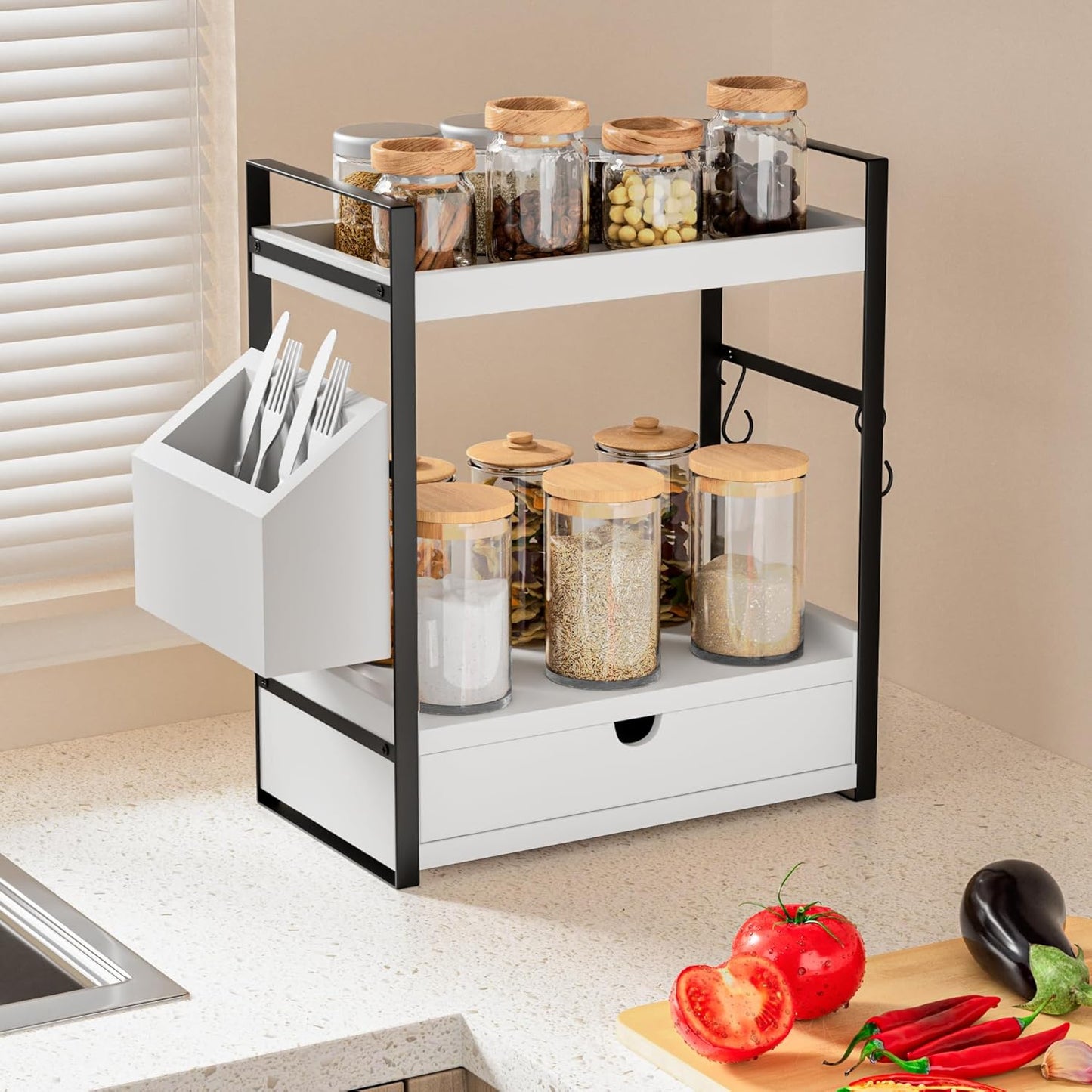 2-Tier Bathroom Counter Organizer with Drawer and Basket, Wood Countertop Organizer for Storage, Skincare Organizers for Vanity, Counter Shelf for Bathroom Organization,White