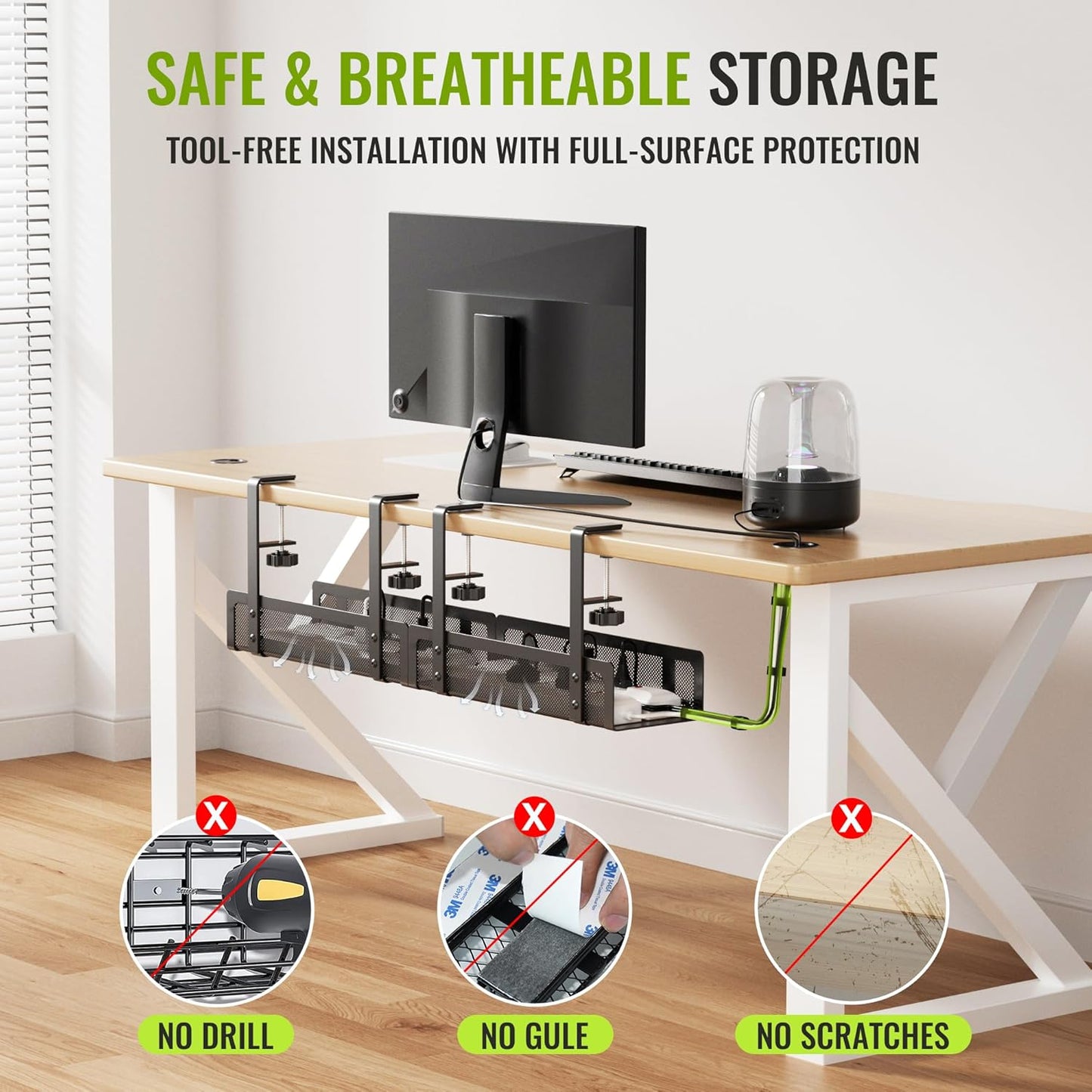 [Upgraded] 2 Pack Cable Management Under Desk Tray, Xpatee 27.6" No Drill Open Slots Cable Management Tray, Cord Wire Organizer Box with Clamp for Table Thickness up to 3" - No Desk Damage(Black)