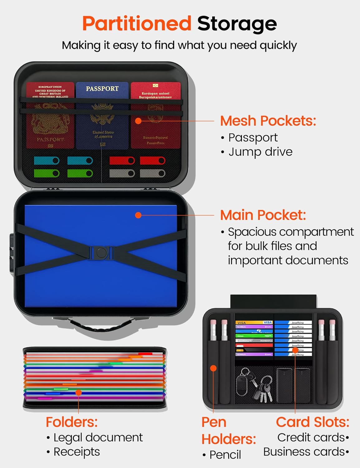 Fireproof Document Box with Lock, Waterproof Hard Shell File Organizer with 13 Pocket Accordion Folder for Important Documents, Laptop, Passports, Portable Home Office Travel Safe Box