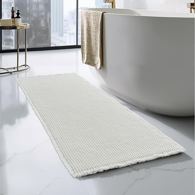 KGORGE Waffle Bathroom Rug, Large Super Absorbent Non Slip Washable Bathroom Rugs Decor, Boho Quick Dry Rubber Backed Bath Mat for Shower Toilet Hallway Hotel, Pure White, 24" W X 72" L 1pc