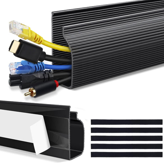 Cable Management Under Desk (31.5in J Channel 2x15.7in) Self Adhesive Cable Raceways Channel, Easy to Install Cord Cover Hider Desk Cord Organizer Electrical Black