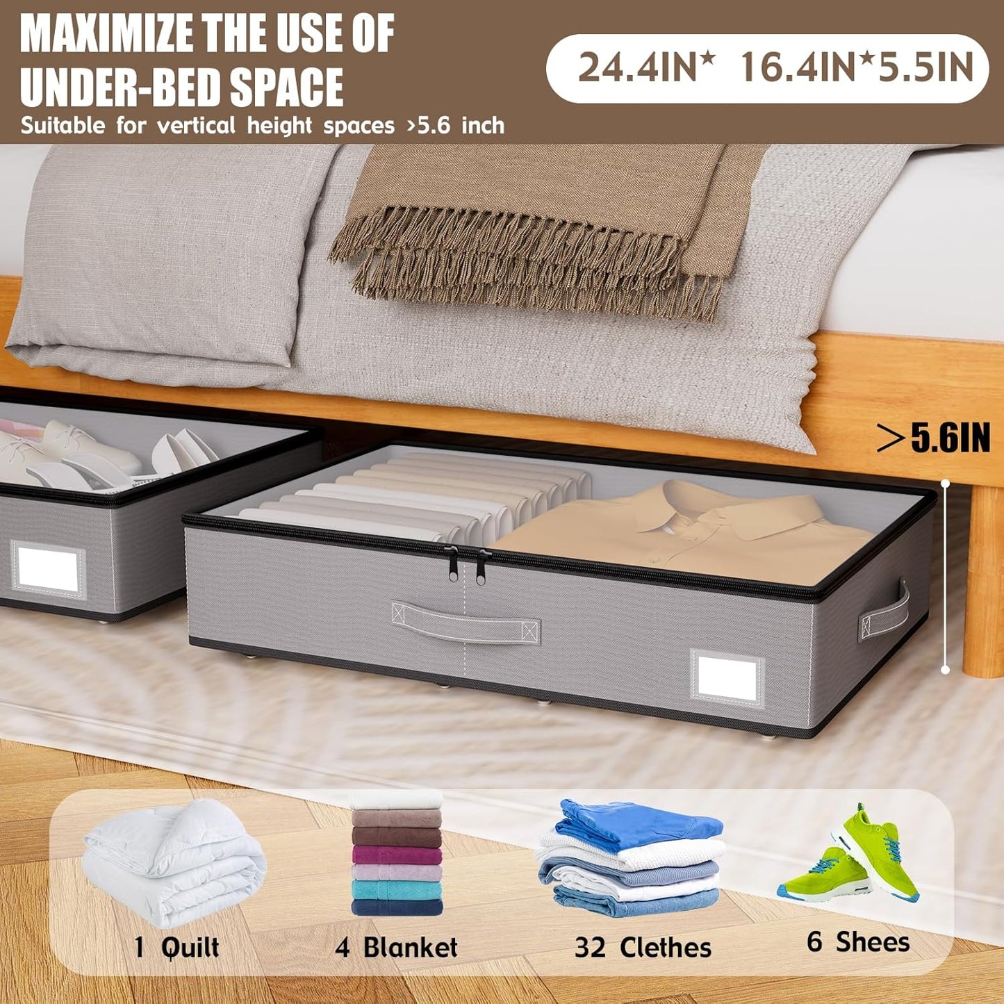 Under Bed Storage with Wheels, No Assemble Required 5.5 inches height grey under bed storage bins,Low Profile Rolling Under bed Shoe Storage containers，dorm under bed storage drawers