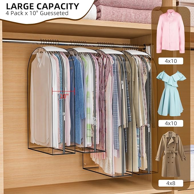 Upgraded Thickened Clear Garment Bags for Hanging Clothes 4 Packs, 10“ Gusseted Clothes Hanging Storage Bags for Closet, Shirts, Coats, Dresses (32 & 40 inch)