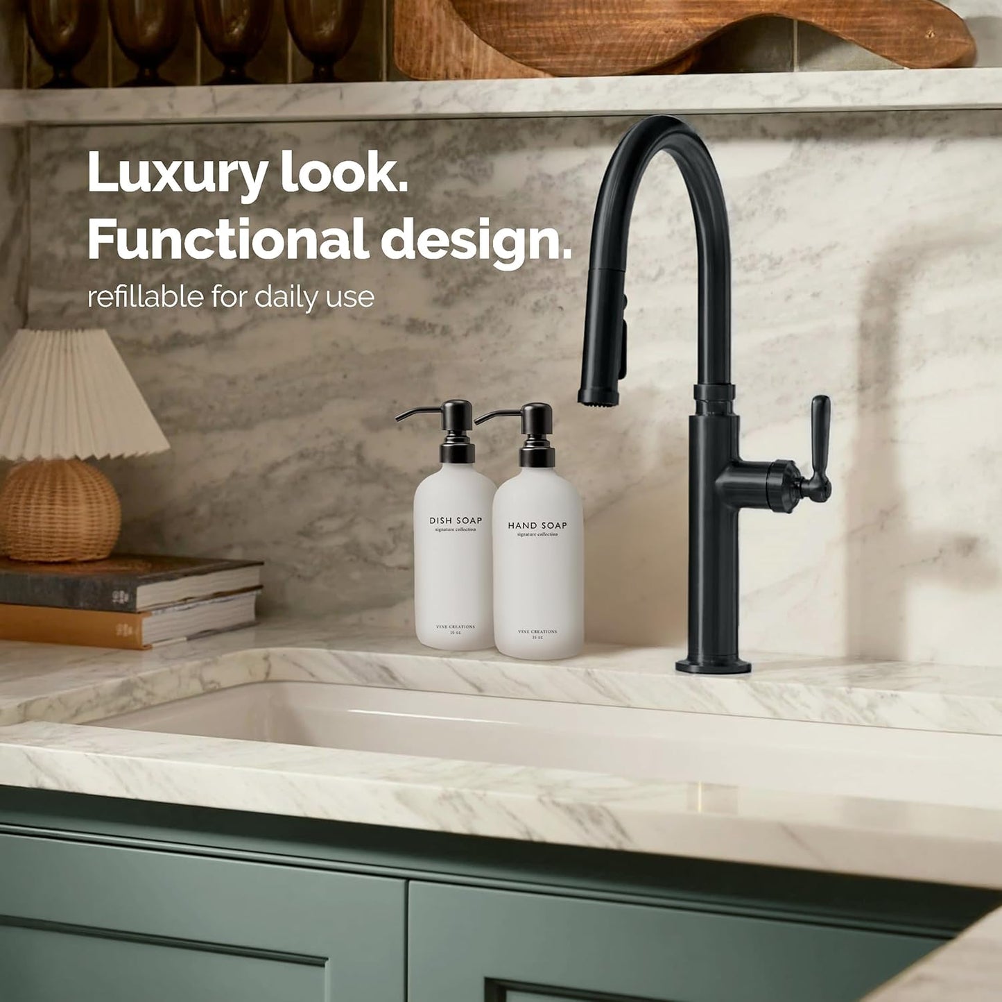 Vine Creations White Glass Soap Dispenser Set, Dish Soap and Hand Soap Dispenser Set with Stainless Steel Pump, 16 oz Glass Dispensers for Kitchen or Bathroom Decor (Matte White Bottle/Matte Black)