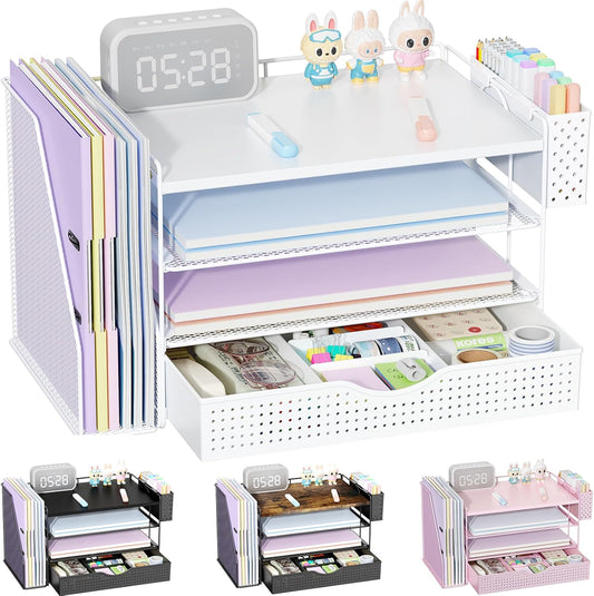 gianotter Wood Desk Organizers and Accessories with File Holder, 4-Tier Desk Accessories & Workspace Organizers with Drawer and Pen Holder, Paper Organizer for Office Supplies (White)