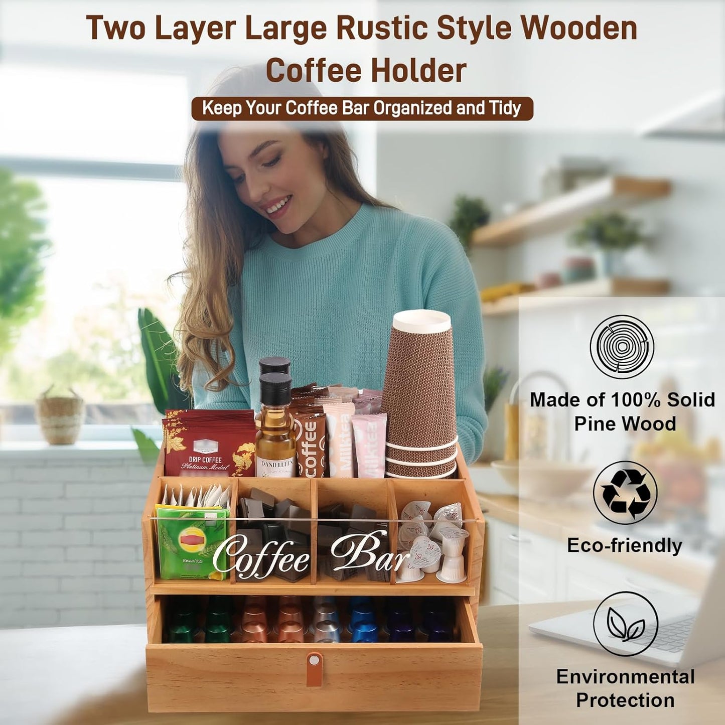 2-Tier Coffee Bar Organizer with Clear Acrylic Top, Built-in Drawer and Leather Handle Pull for Countertop, Stylish Coffee Station Storage Box for Accessories, Pods, Great Gifts for Home