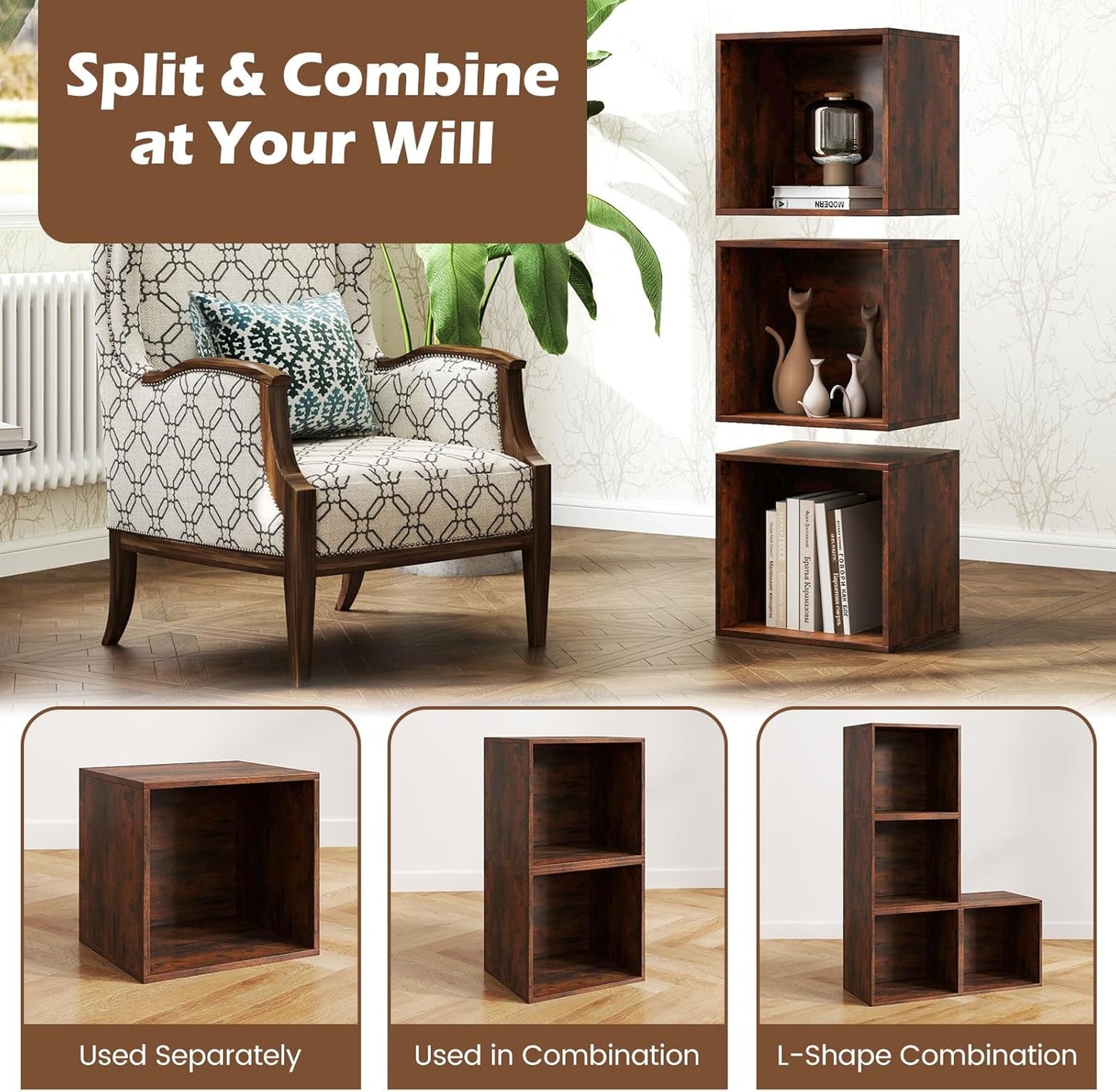 Stackable Cube Bookshelf, Modular Cubby Storage Organizer, Small Bookcase for Small Spaces, Combination Cubical Shelf, Wooden Display Shelving Unit (Rustic Brown, 4-Cube)