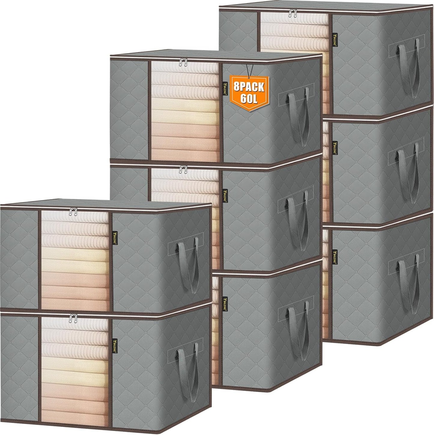 BALEINE 8 Pack Clothes Storage Bags, 16 Gallon Storage Containers with Reinforced Handle, Sturdy Zipper, Closet Organizer for Blanket, Comforter, Pillow, Bedding (Grey, 8 Pack)
