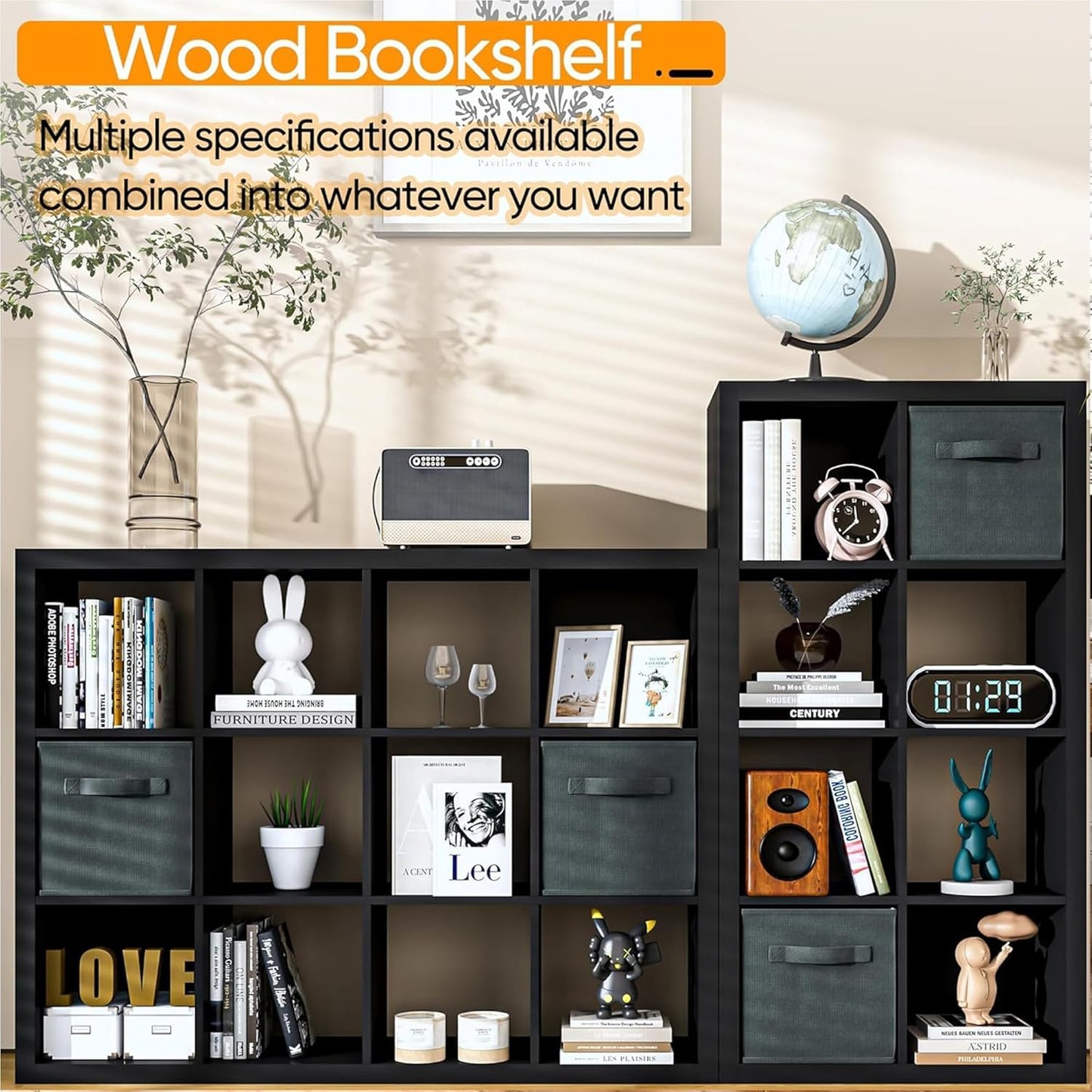 furtble Bookshelf with Storage Bins, 6 Cube Storage Organizer, Modern Wood Bookcase, Multifunctional Display Shelf for Living Room (Matte Black, 6 Cube)