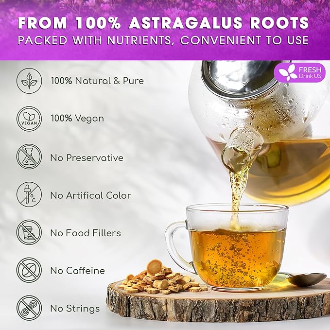 FreshDrinkUS, Premium 55 Astragalus Root Tea Bags, 100% Natural & Pure from Astragalus Root Herbal Tea. Made with Natural Material Tea Bags. No Sugar, No Caffeine, No Gluten, Vegan.