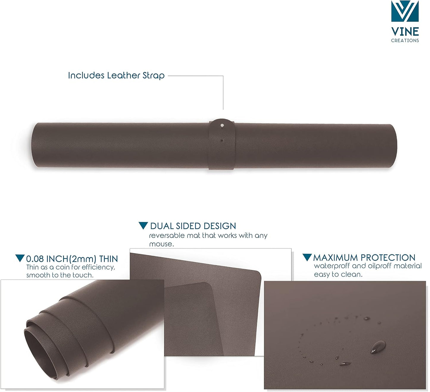 Vine Creations Leather Desk Mat Large 36" x 20", Desk Protector Mat, PU Leather Desk Pad, Large Mouse Pad, Desk Blotter, Desk Pads on Top of Desks, Desk Matt for Desktop, Office Desk Mat (Dark Brown)