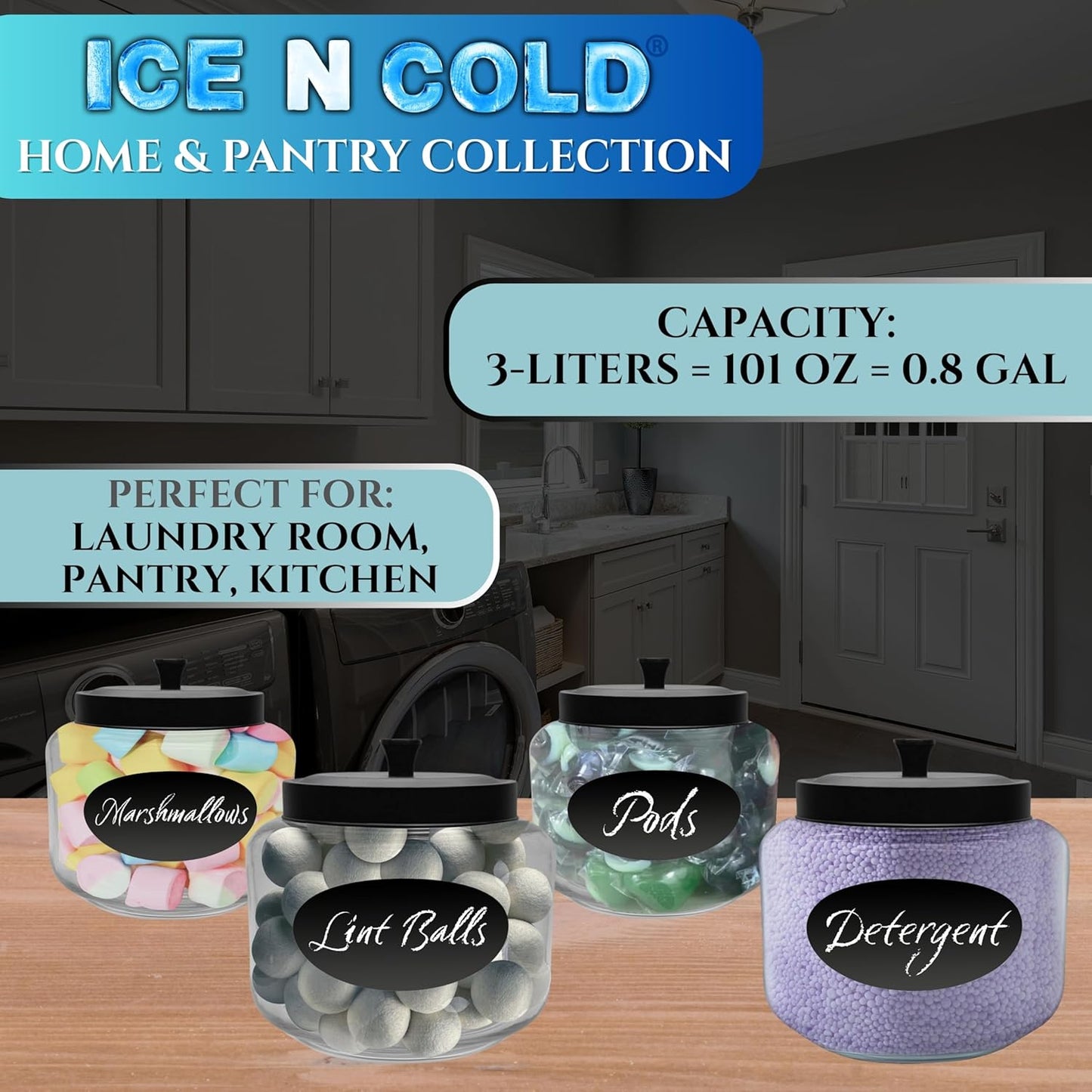 Kitchen and Laundry Storage Glass Jar – Wide Mouth Round Glass Storage Container with Black Steel Lid and Chalkboard Label - 2 Sticks of Chalk Included (1, 3L | 101oz | 0.8 Gallon)