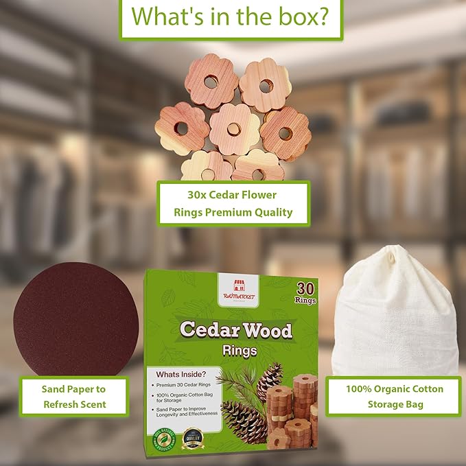 Cedar Blocks for Clothes Storage - Raimarket 30 Pack Wood Flowers & Chips for Closets, Wardrobe, Drawers & Shelves - Natural Aroma & Moisture Absorption