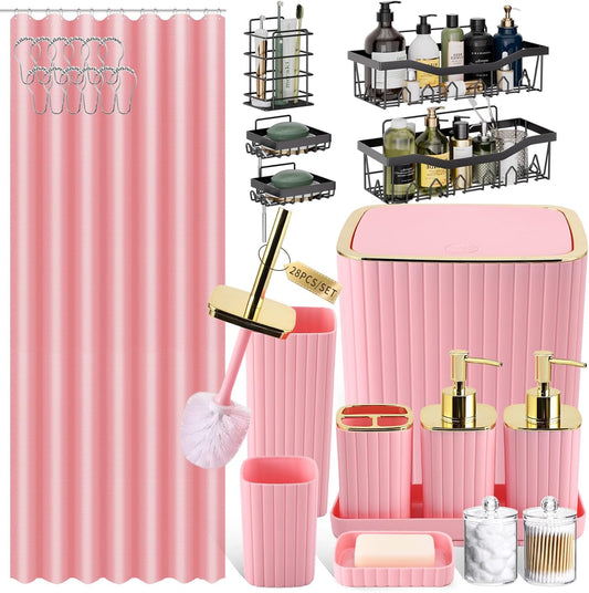28PC Bathroom Set - Gorgeous Pink Bathroom Set, Bathroom Accessory Set, Pink Shower Curtain Set with 5PC Shower Caddy
