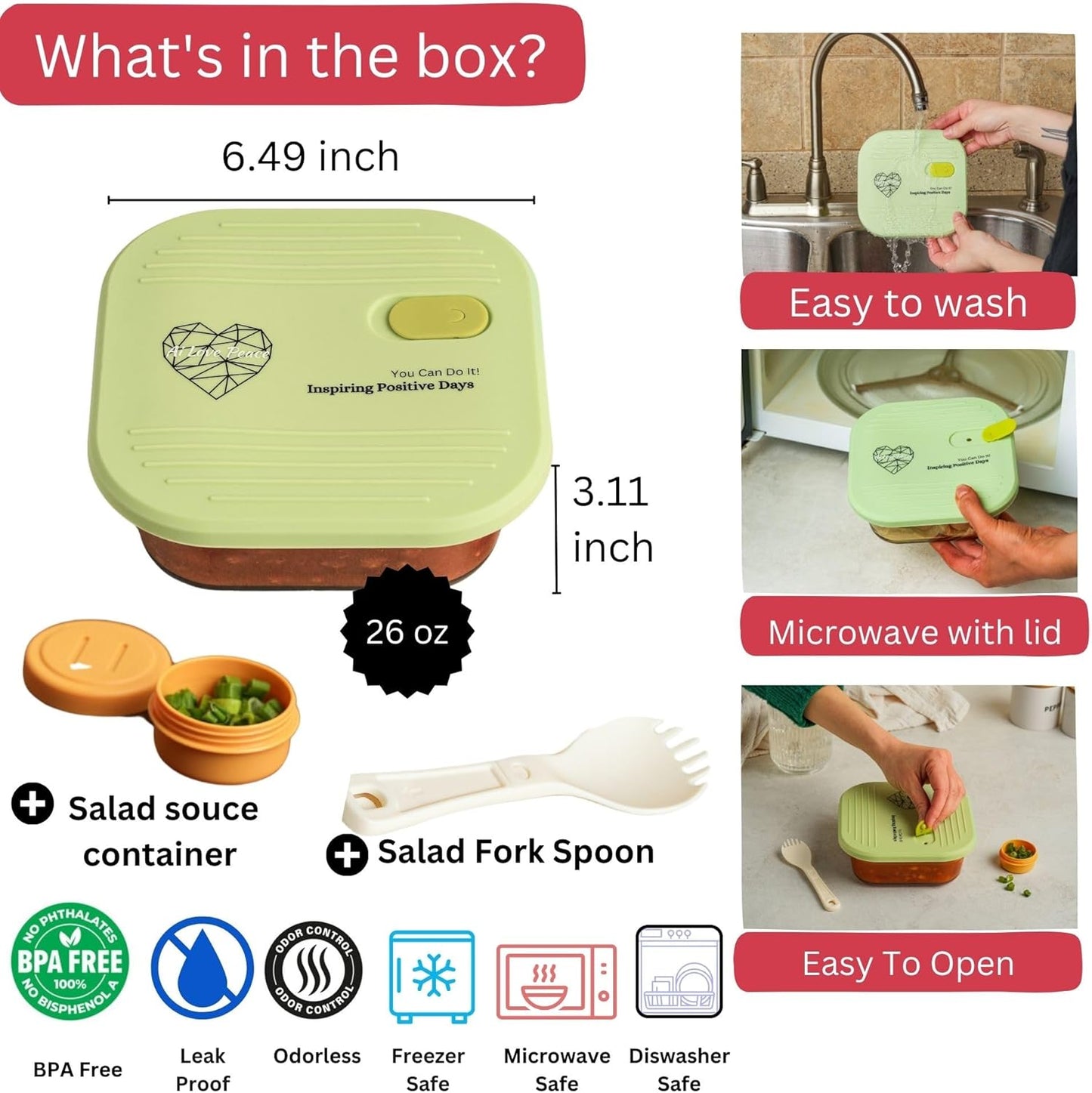 AI LOVE PEACE Microwave Safe Glass Lunch Container - 3.25 Cup Reusable Meal Prep & Freezer Storage Container with Vented Lid - BPA-Free - Ideal Bento Box for Adults, Portion Control Green