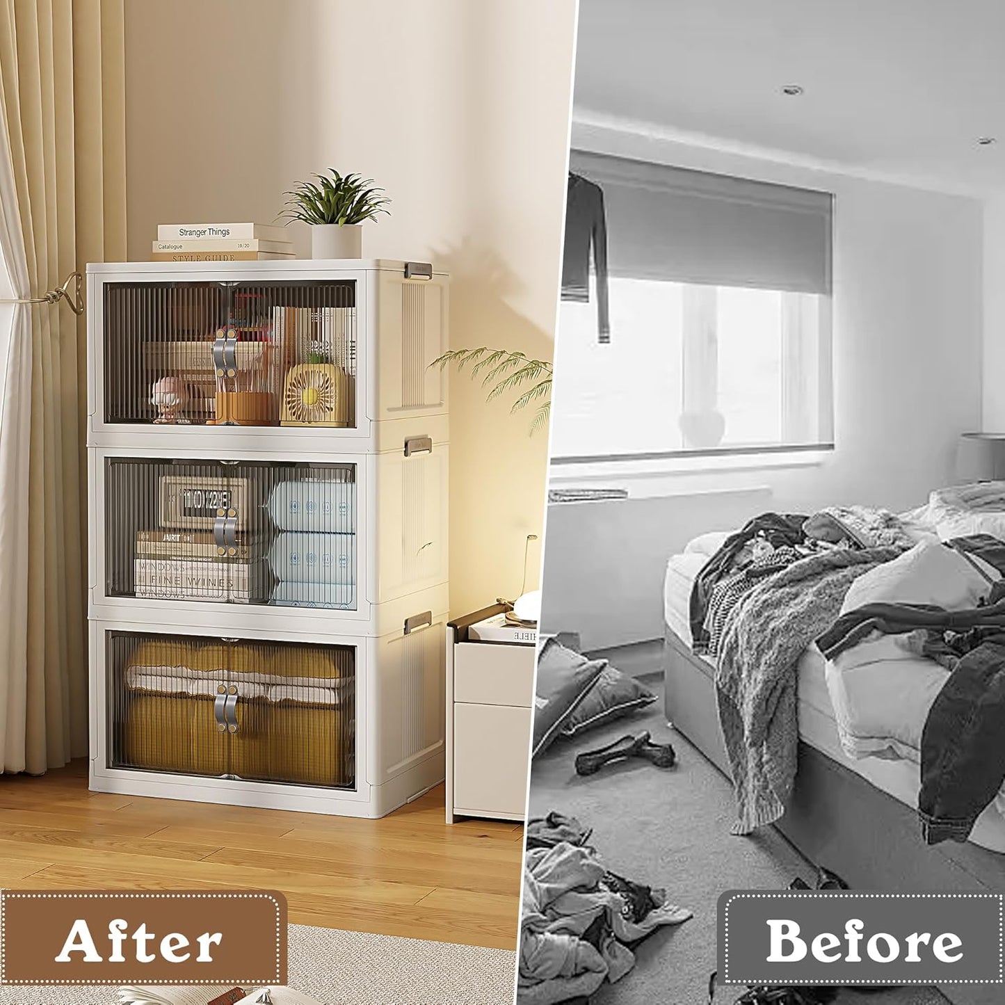 SAILUN 83Gal/335Qt Stackable Storage Bins Folding Collapsible Storage Bins with Lid, Closet Organizers and Storage, Storage Box with Door Grey 26" W x 17" D x 43.7" H