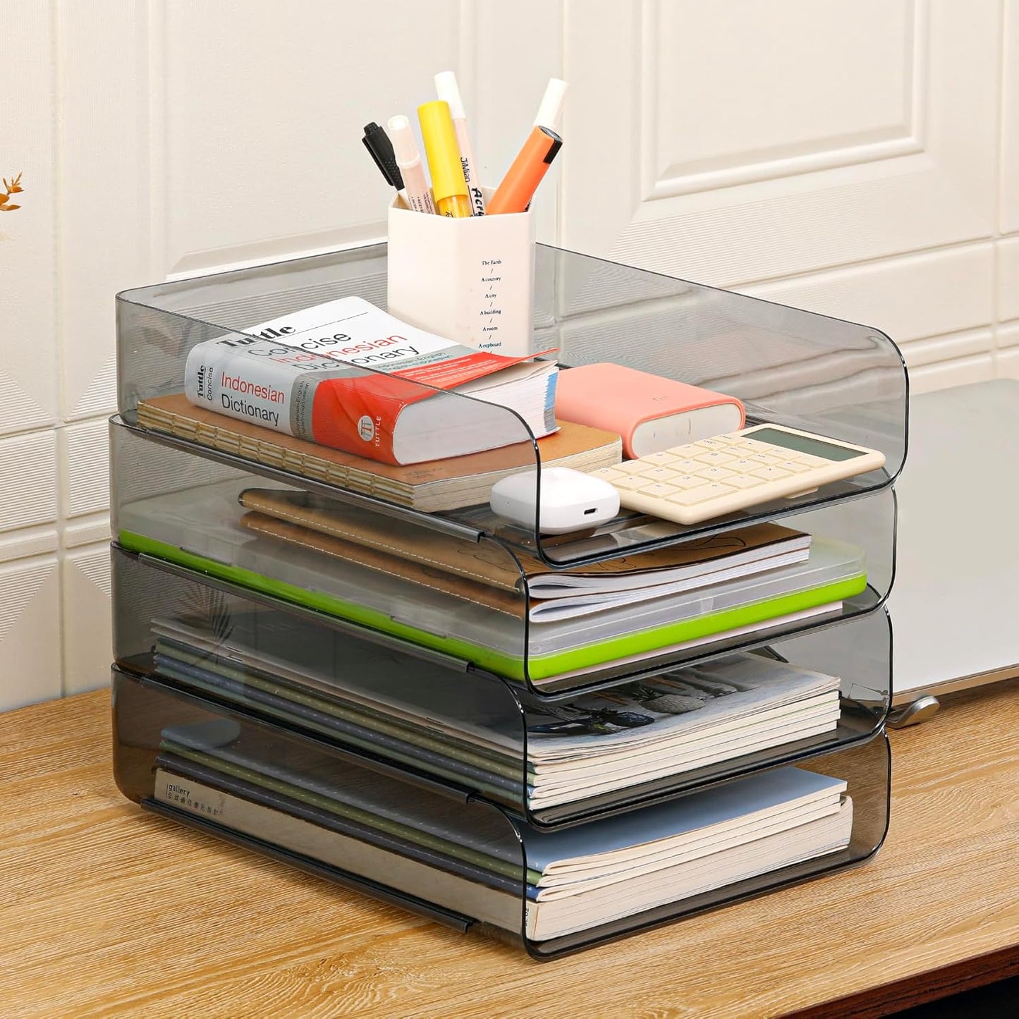 Set of 4 Office Organization and Storage, PET Letter Tray Desk Organizer, Stackable Document Organizer and File Paper Organizer for Office Supplies, Black