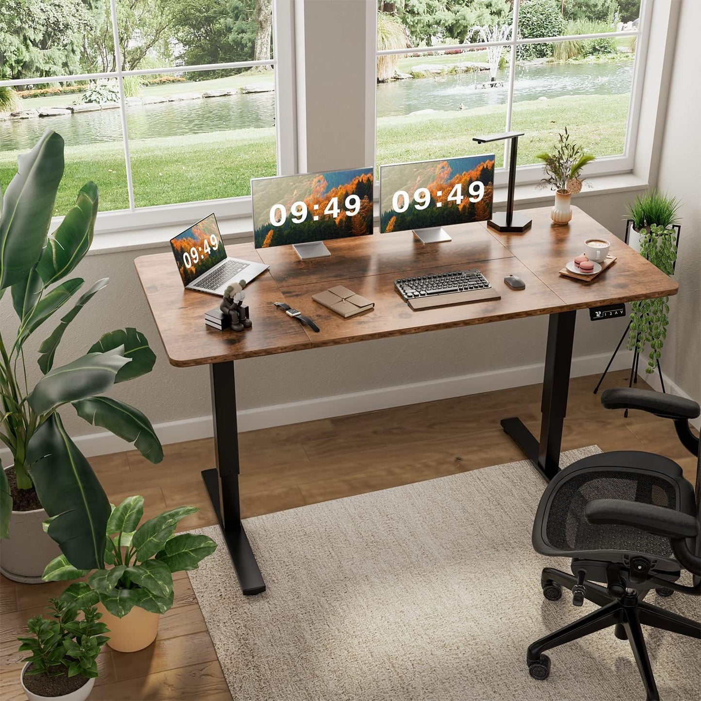 Furmax Electric Height Adjustable Standing Desk Large 63 x 24 Inches Sit Stand up Desk Home Office Computer Desk Memory Preset with T-Shaped Metal Bracket, Brown