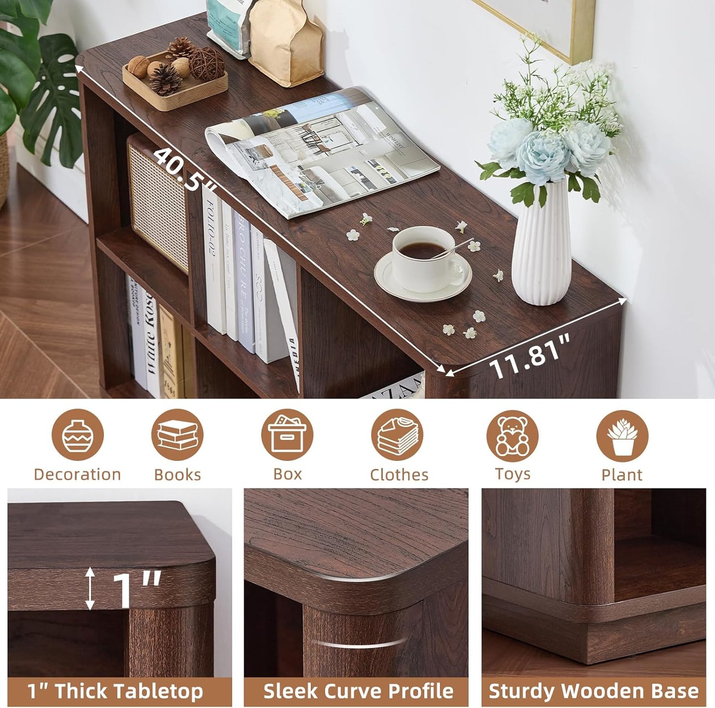 6 Cube Storage Bookcase, 40" Wide Low Horizontal Book Shelf with Curved Edge, Wood Floor Standing 2-Tier Bookshelf with Base, Farmhouse Short Book Case for Bedroom, Living Room, Office, Walnut