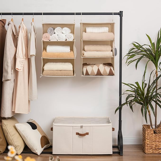 StorageWorks 6-Shelf Jumbo Closet Organizers, Two 3-Shelf Separable Hanging Shelves for Closet, 13" D x 15" W x 48 ¼"H,Mixing of Beige, White & Ivory