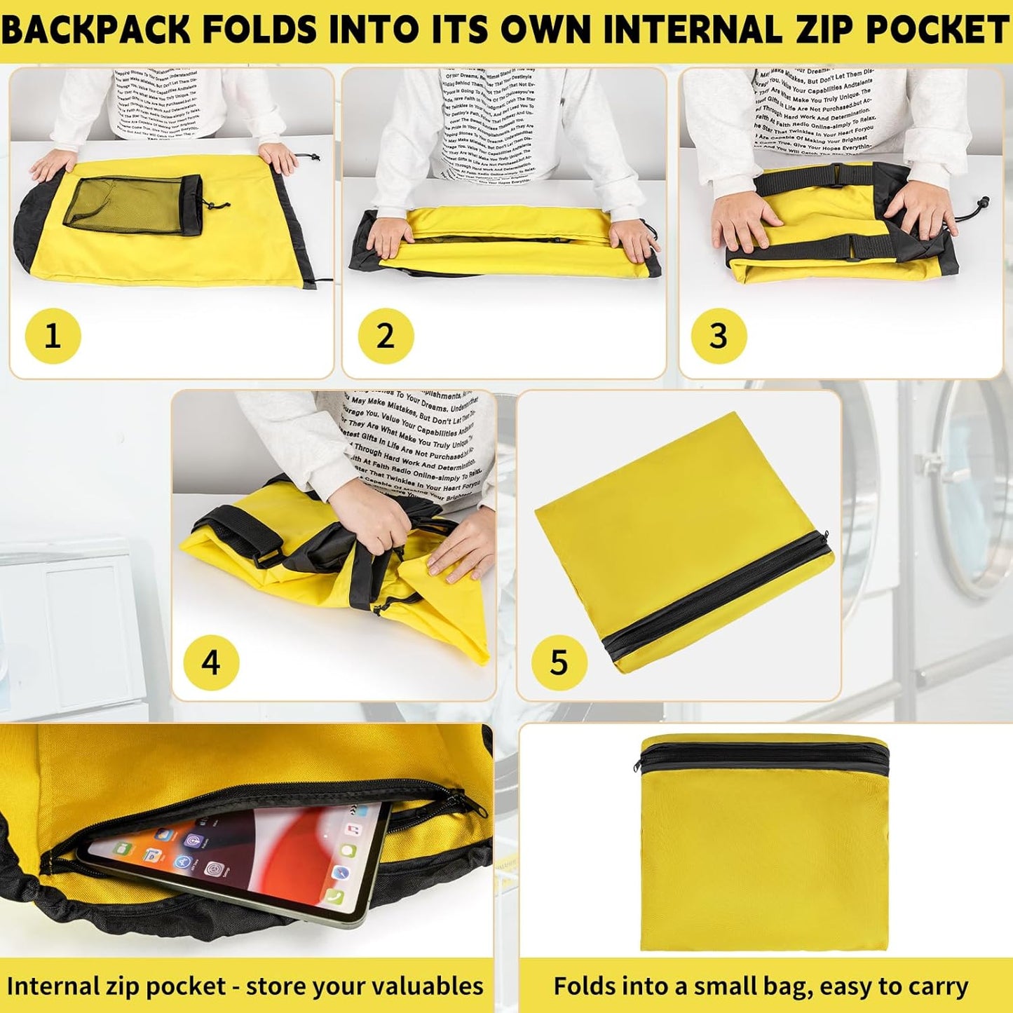 Laundry Bag Backpack with Shoulder Straps and Mesh Pocket Foldable Clothes Hamper Bag with Drawstring Closure for College, Apartment, Laundromat (Yellow)