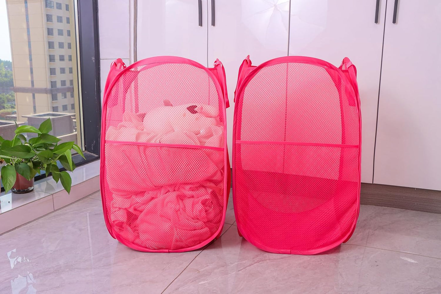 Foldable Mesh Popup Laundry Hamper,Laundry Basket Easy to Open and Fold for Dorm,Travel, College Dorms, and More (2 pink)