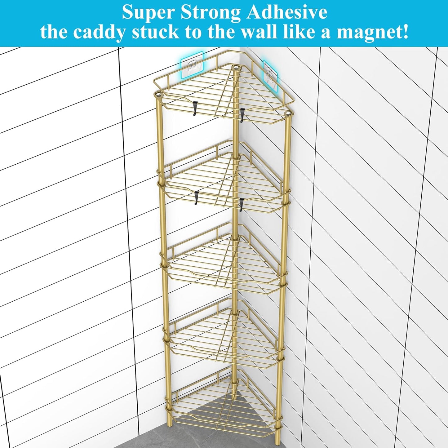 5 Tier Floor Standing Corner Shower Caddy Organizer Shelf with Hooks, Bathroom Shelves Stand Rack, Gold