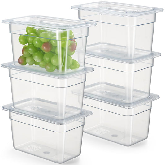 CURTA 6-Pack 1/4 Size 6" Deep NSF Polycarbonate Food Pans with Handled Lids & Drain Trays | Dishwasher & Freezer Safe Clear Container for Prep Tables, Buffet, Salad Bar, Commercial Kitchen