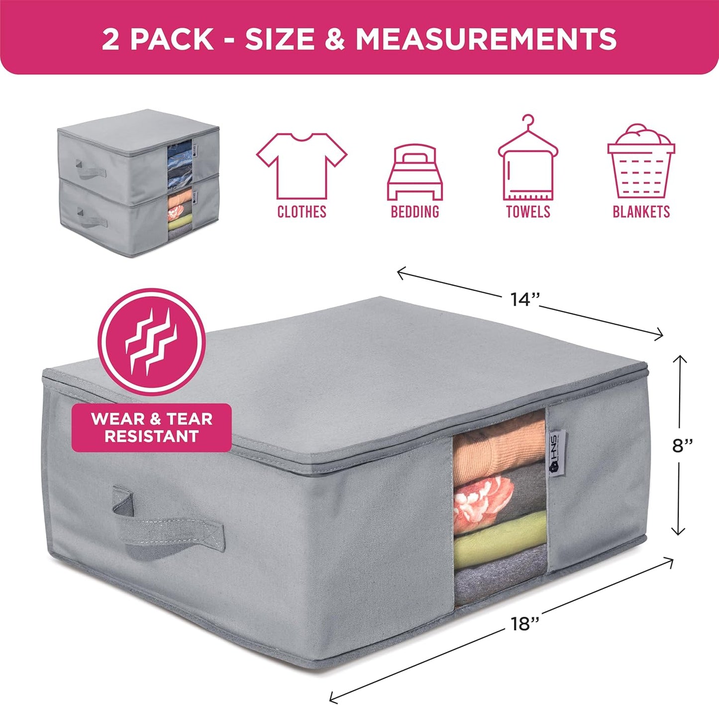 Cedar Clothes Storage Bag Organizer – Protects from Moths, Moisture, Dirt & Dust – Set of 2 Underbed Storage Bags for Clothes, Cashmere Sweaters, Bedding & More - Underbed Storage - Grey