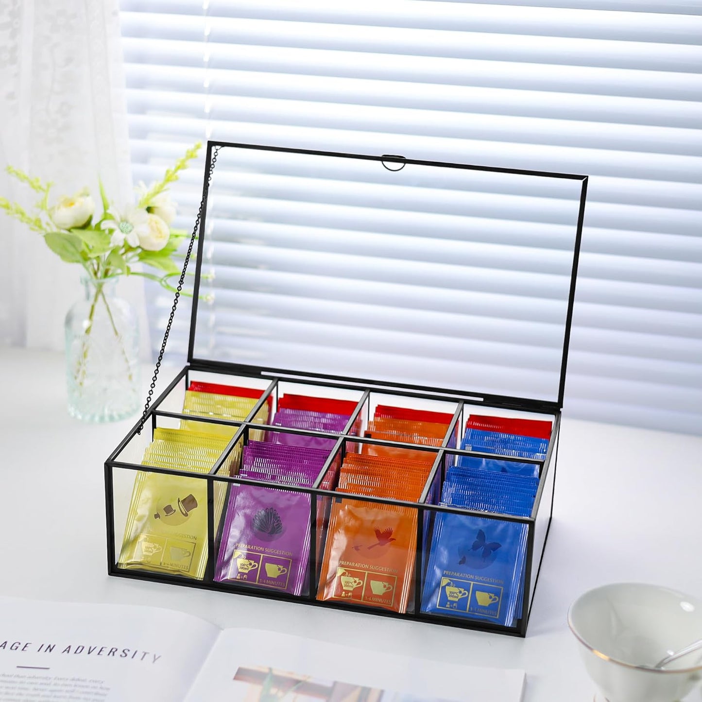 Glass Tea Bag Organizer with 8 Compartments, Handmade Large Tea Bag Storage Box for Counter Kitchen, Tea Bag Holder,Tea Storage Containers with Lid,Tea Accessories Gifts for Tea Drinkers,Black