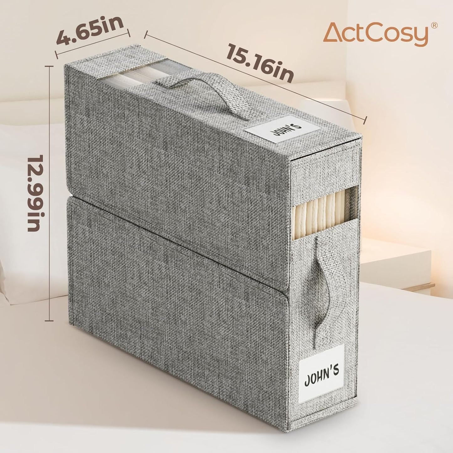 Sheet Organizers and Storage with Handles – Foldable Linen Closet Storage for King & Queen Sheet Sets – Clear Window & Removable Labels – Dustproof & Space-Saving Design, Grey,6 Pack