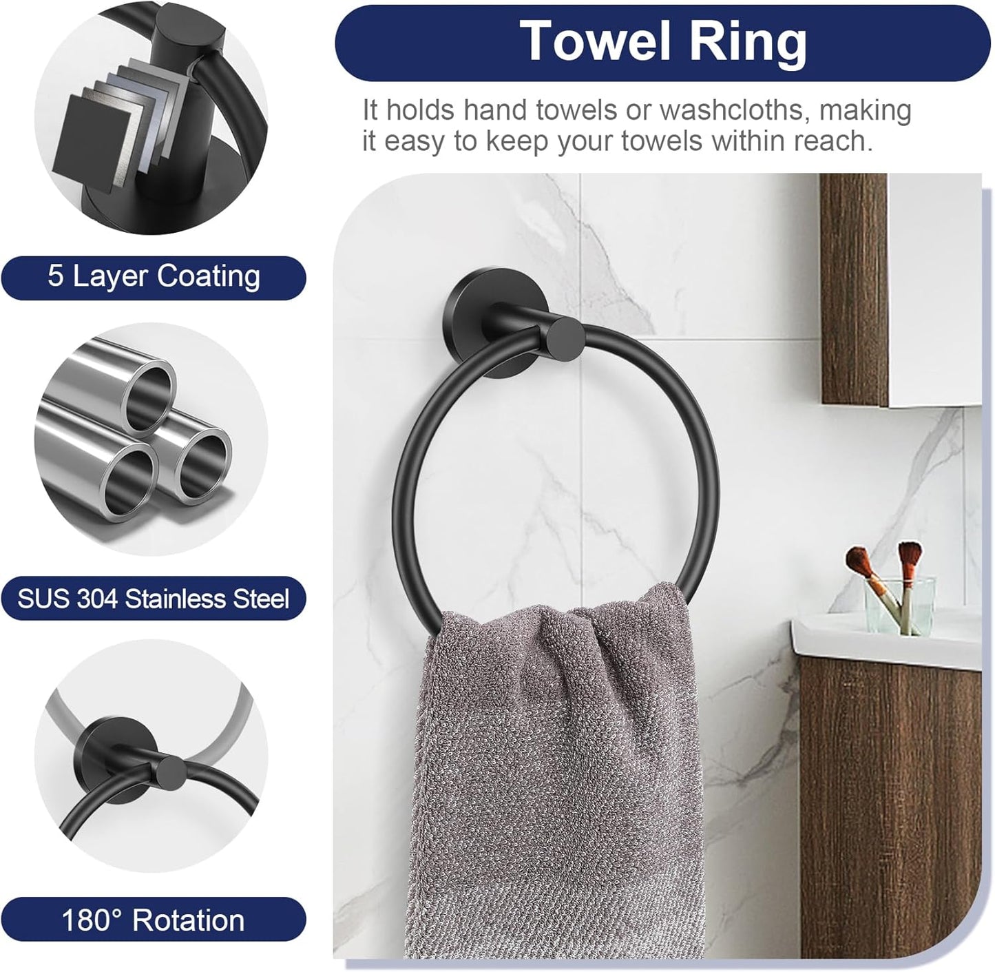 5-Piece Towel Bar Set Black Bathroom Hardware Accessories Set Upgraded Toilet Paper Holder with Shelf Towel Holder Set for Bathroom Stainless Steel Wall Mounted