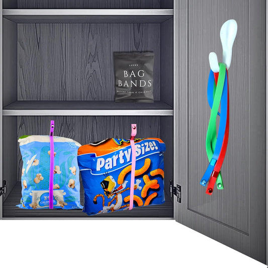 Luxes- Snack Organizer | Band & Mount System-Keeps Snack Bags Fresh | Luxury Cabinet/Pantry Organizing Curated Set | Premium Adjustable Bands (5ct) + Storage Hook | Chip Clips Bag Bands (Color)