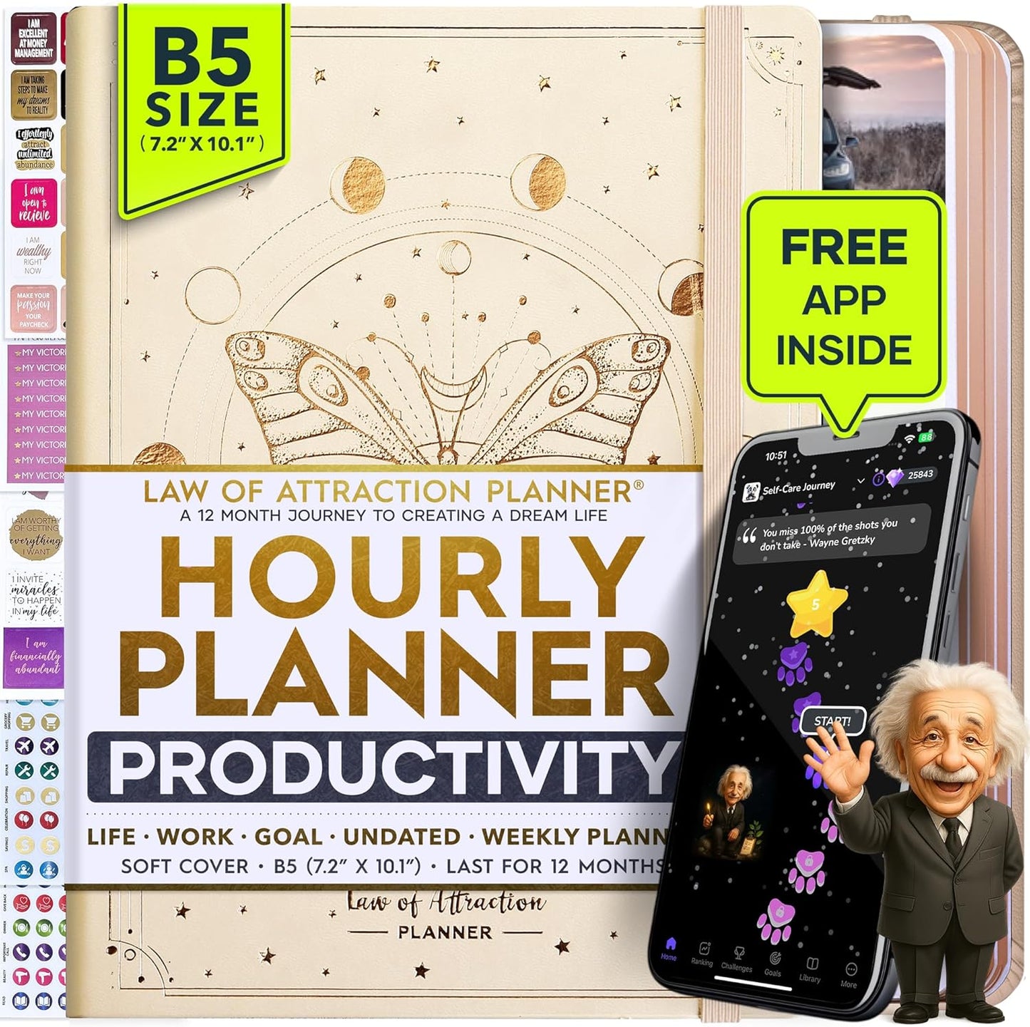 Law of Attraction Planner – Undated Hourly, Weekly & Monthly Goal Setting Planner, 12-Month to Increase Productivity | Life & Gratitude Journal, Include Foldable Vision Board, Gift Box & Stickers
