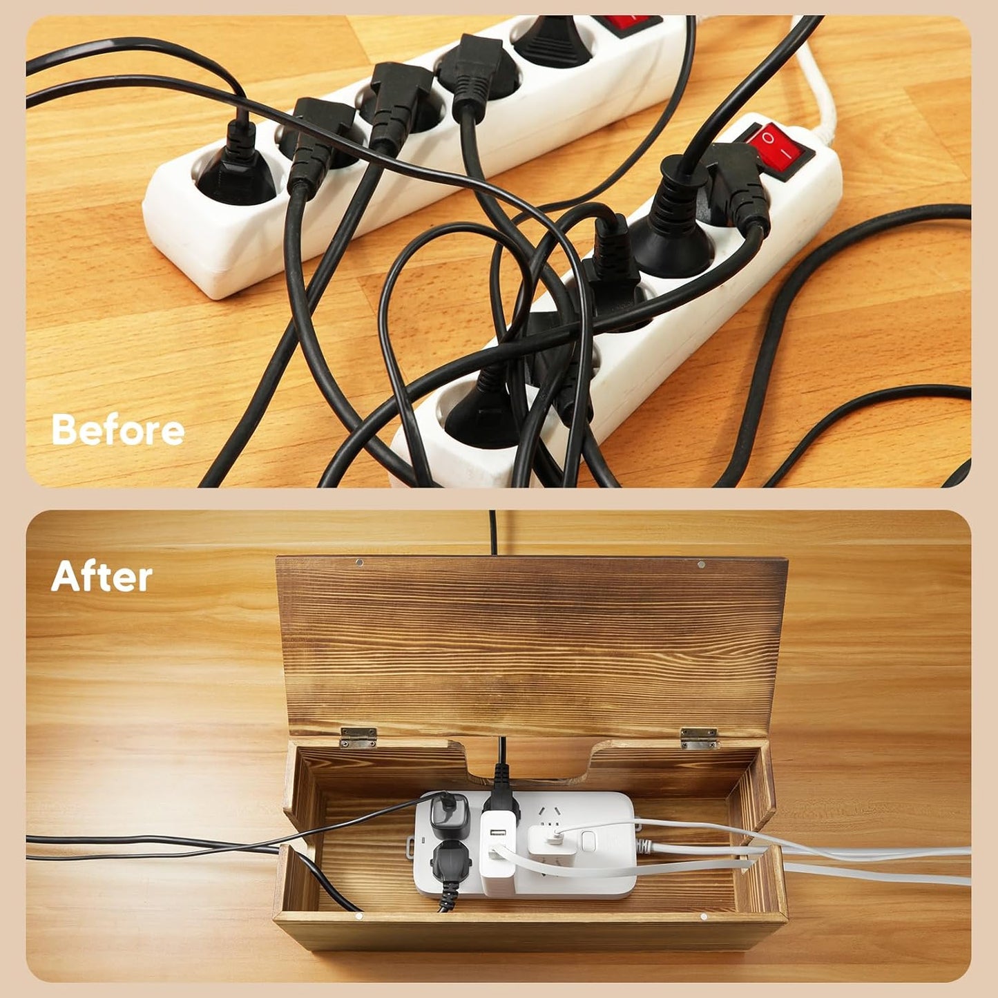 Large Cable Management Box - Burnt Wood Cable Organizer Box and Power Strip Box for Electrical Cord Management - Hide Desk Cord and Floor Cables - Wire Storage and Organization for Cords