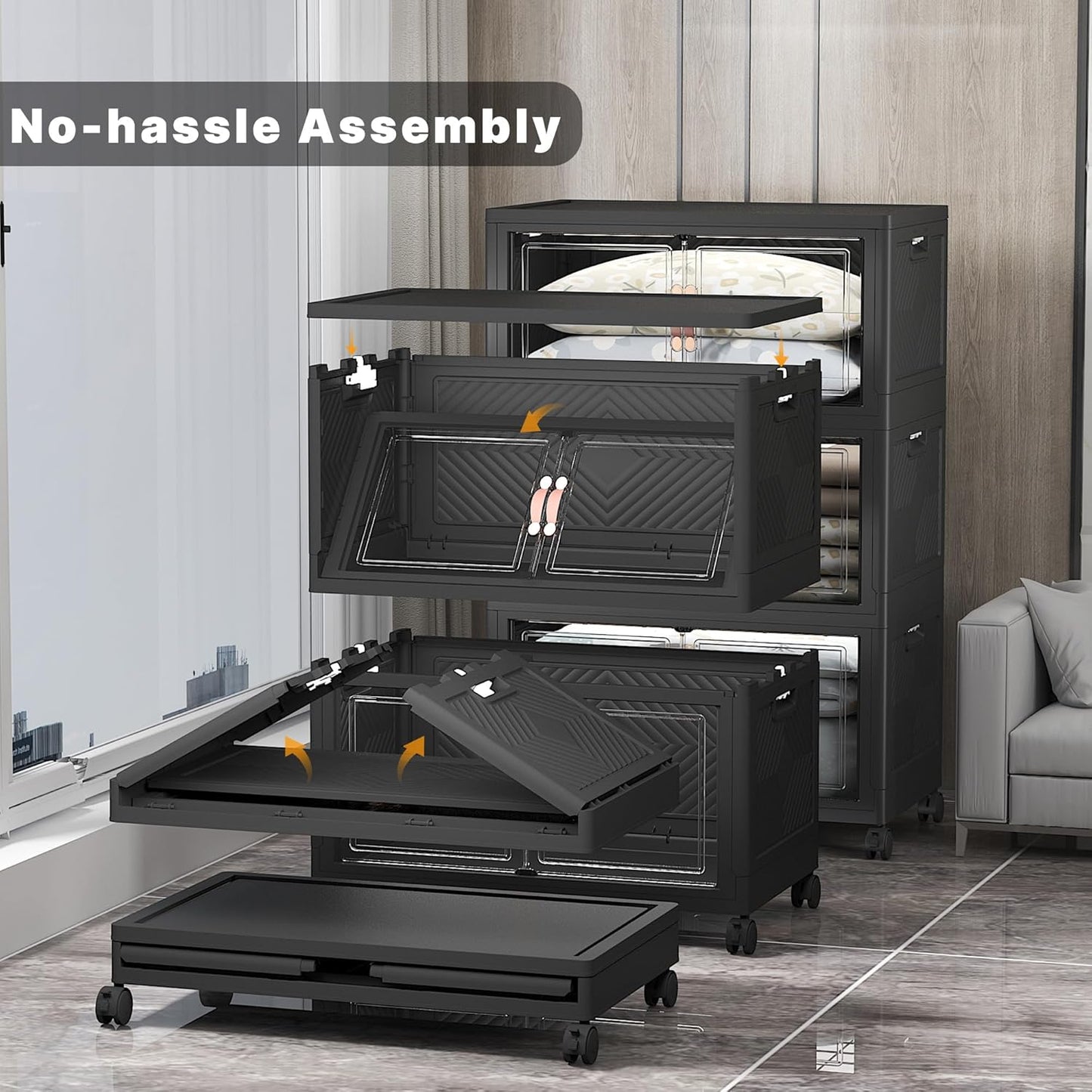 Extra Large Stackable Storage Bins with Lids & Wheels & Door, 960QT-160QT/40GAL*6Pack Foldable Collapsible Closet Organizers, Plastic containers drawers for bedroom Dorm