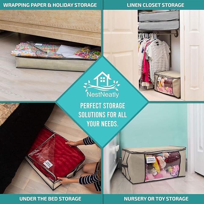 Underbed Storage Bag 2 Large Under-the-Bed Storage Containers and Organizer Bin Reinforced Handles Metal Zipper Foldable Under-Bed Storage Bags and Containers by Nest Neatly, Beige